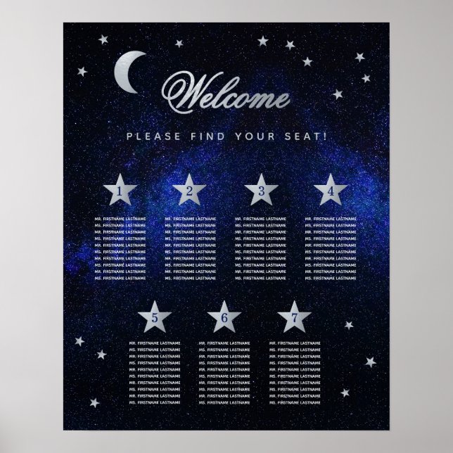 7 Bord Himmel Stjärnor Celestial Bröllopsplatskart Poster (Framsidan)