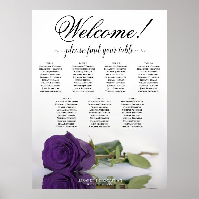 7 Bord Royal Lila Ros Bröllops Sittplatskarta Poster (Framsidan)