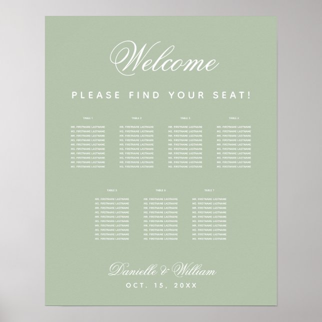 7 Bord Sage Grönt Simple Bröllop Seite Diagram Poster (Framsidan)