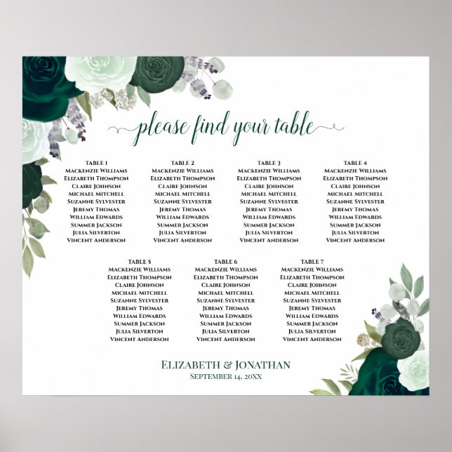 7 Bord Smaragdgrön Blommig Bröllopsställning Poster (Framsidan)