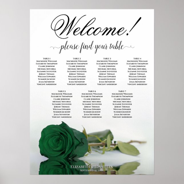 7 Bord Smaragdgrön Ros Bröllopsplatskarta Poster (Framsidan)