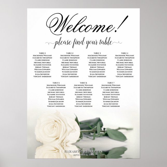 7 Bord Vit Ros Elegant Bröllopsplatskarta Poster (Framsidan)