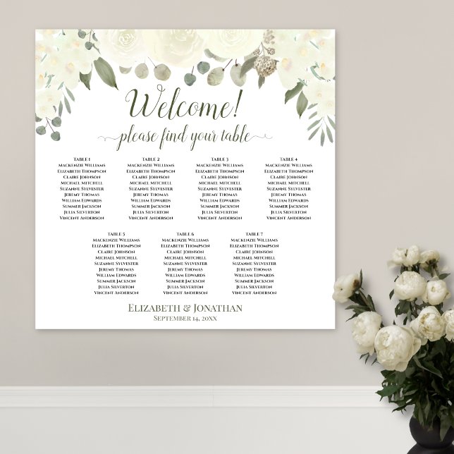 7 Bord White Blommigt Boho Välkomsthälsdiagram för Poster (In Situ on Wall with Flowers)