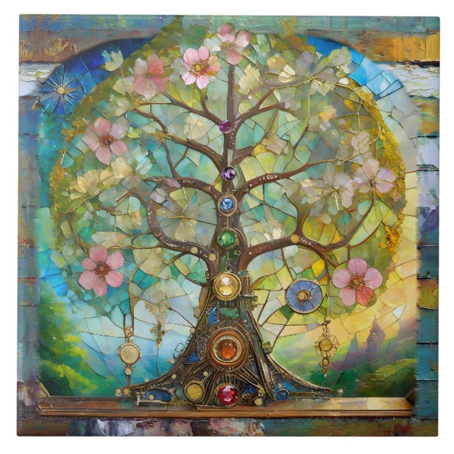 7 Chakra Blomstrande Träd Des Livet Kakelplatta (Framsidan)