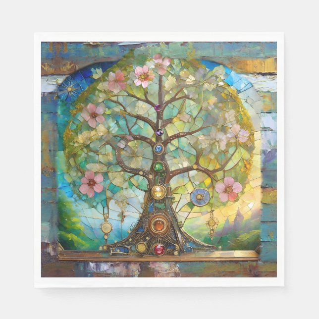 7 Chakra Blomstrande Träd Des Livet Pappersservett (Framsidan)