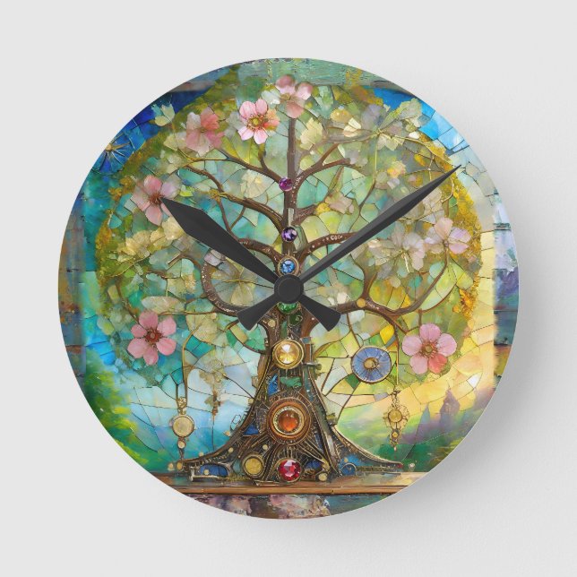7 Chakra Blomstrande Träd Des Livet Rund Klocka (Framsida)