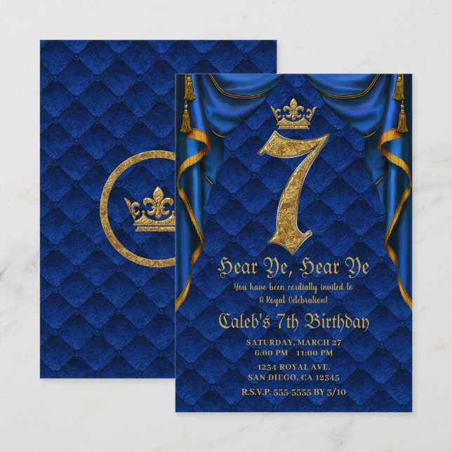 7:E 7 Födelsedagsfest Royal Blue Guld Krona Inbjudningar (Fram/baksida)
