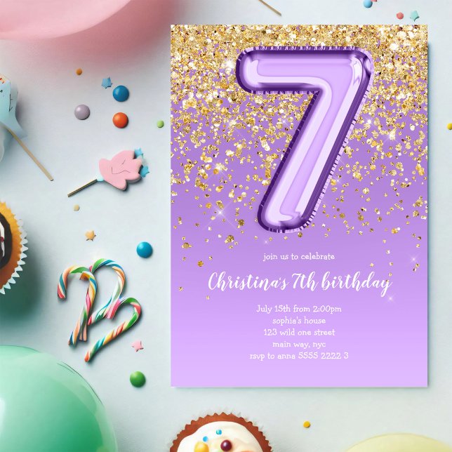 7:e ballong glitter lila födelsedagsfest inbjudningar (Skapare uppladdad)