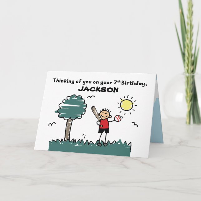 7:e Baseball Birthday eget namn med Stick figur Kort (Framsida)