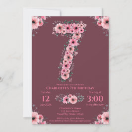 7:e Big Birthday Girl Rosa Flowers Grönt Foliage Inbjudningar