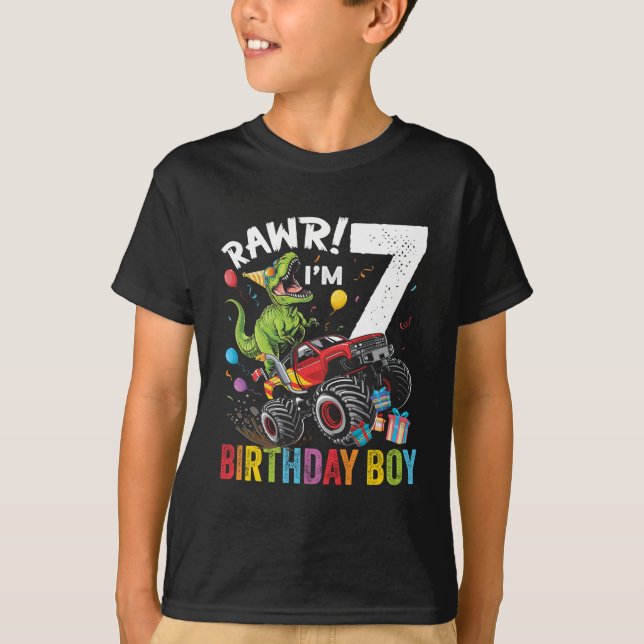 7:e Birthday Boy Dinosaur Monster Lastbil T Shirt (Framsida)
