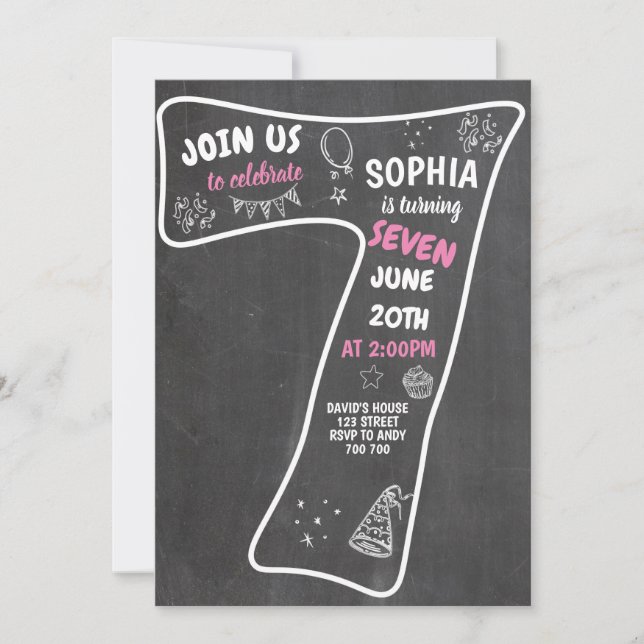 7:e Birthday Girl Chalkboard Rosa Number Inbjudningar (Framsida)