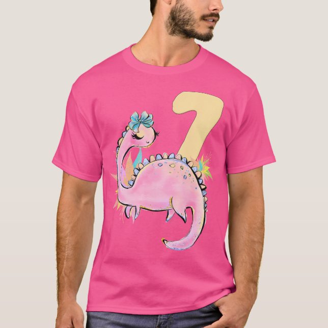 7:e Birthday Girl Dinosaur Rosa Dino Party Outfit T Shirt (Framsida)