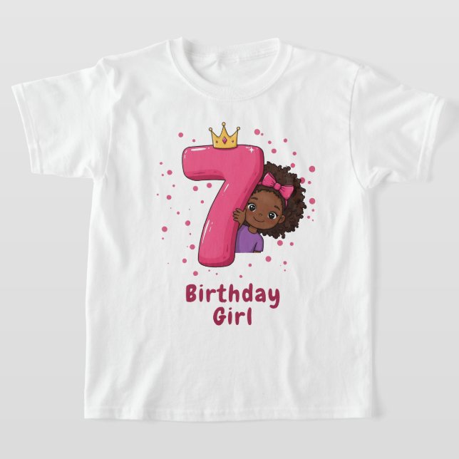 7:e Birthday Girl med Krona och Rosa Number T Shirt (Laydown)