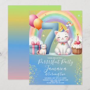 7:e Birthday Kitten Rainbow Party Inbjudningar