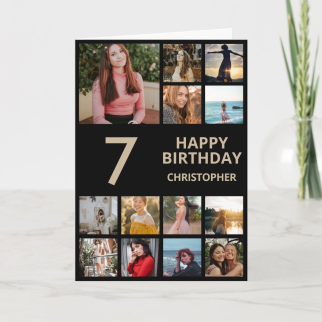7:e Birthday Photo Collage 13 Photos Black & Guld Kort (Framsida)