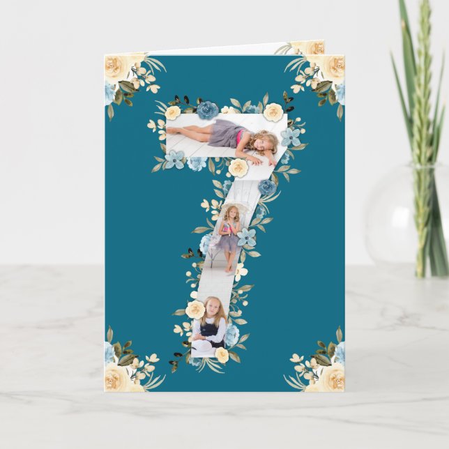 7:e Birthday Photo Collage Blue Gult Flower Teal Kort (Framsida)