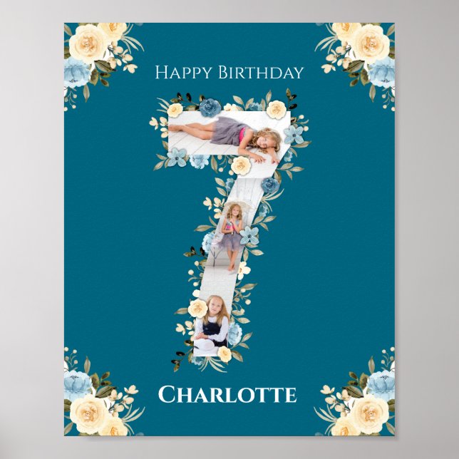 7:e Birthday Photo Collage Blue Gult Flower Teal Poster (Framsidan)
