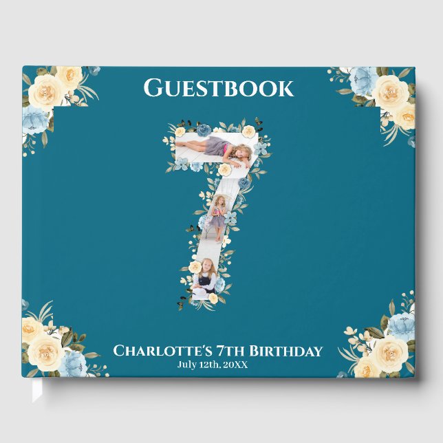 7:e Birthday Photo Collage Teal Blue Gult Flower Gästböcker (Framsida)