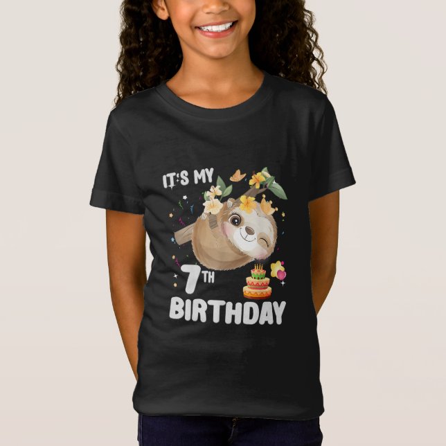 7:e Birthday Sloth Girl Party Cute Sloth Älskare T Shirt (Framsida)