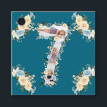 7:e Birthday Teal Photo Collage Flower Blue Gult Gåvor Etiketter<br><div class="desc">Skapa en sjunde födelsedag med fyra bilder i stort nummer sju. Dekorerad med vacker och underbar vattenfärg  gult och blåa blommor och ro med grönt löv. Perfekt 7:e födelsedagspresent. Personlig nummer 7 fotokollage för en unik och mycket speciell produkt.</div>