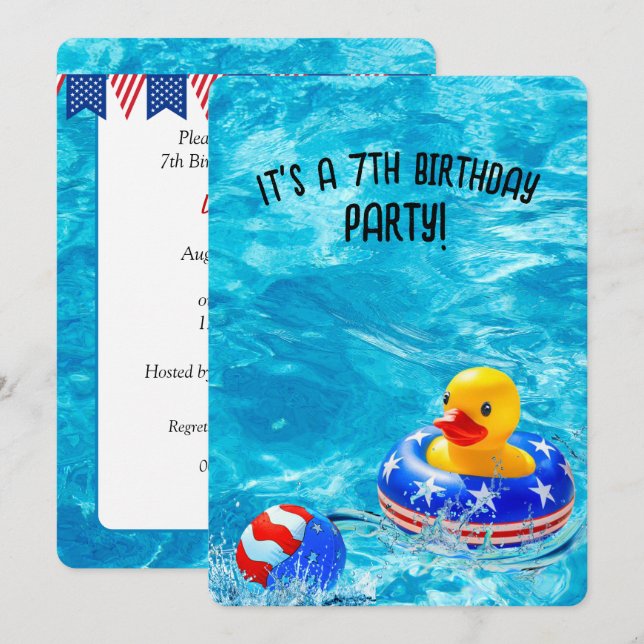 7:e födelsedag Bassäng Party med Gult Anka Inbjudningar (Fram/baksida)