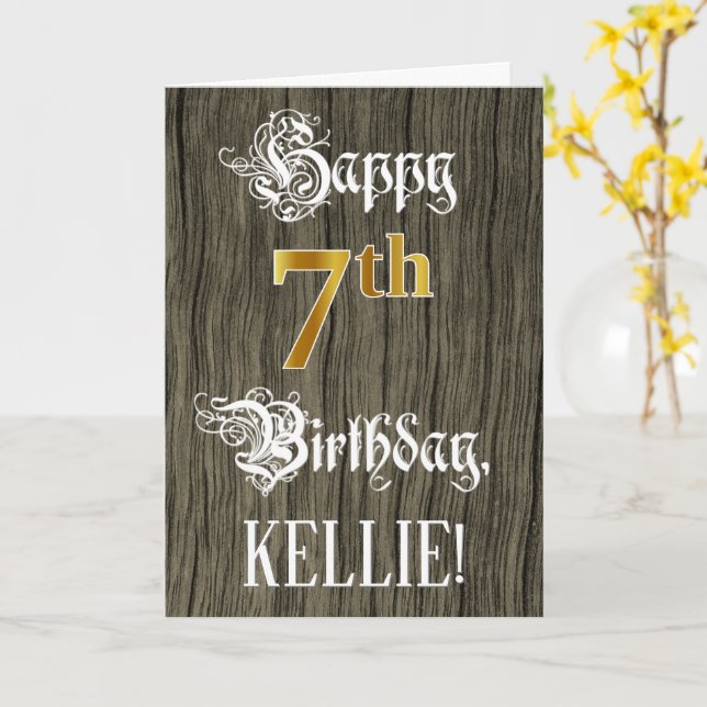 7:e födelsedag: Faux Guld look + Faux Wood Mönster Kort (Gul blomma)