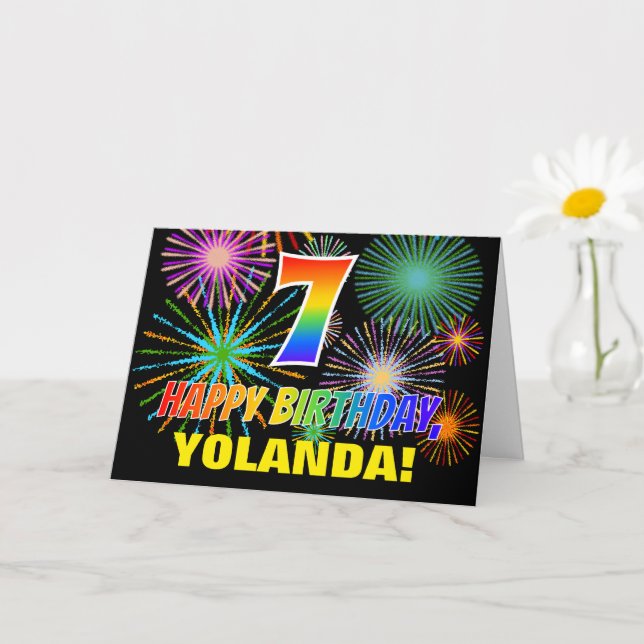 7:e födelsedag: fetstil, Roligt, Fireworks, regnbå Kort (Liten växt)