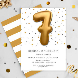 7:e födelsedag i modern guldfoil Balloon Inbjudningar