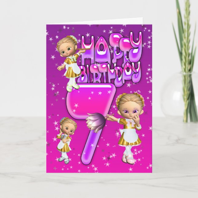 7:e födelsedag kort söt liten glitter-hembiträd (Framsida)