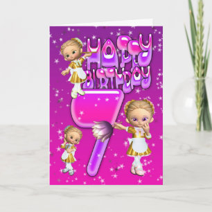 7:e födelsedag kort söt liten glitter-hembiträd