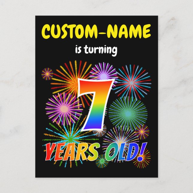 7:e födelsedag - Roligt Fireworks, Regnbåge "7" Vykort (Framsida)