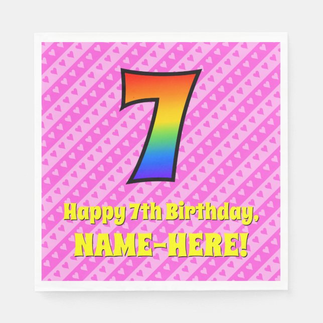 7:e födelsedag: Rosa Rand & Hearts, regnbåge nr 7 Pappersservett (Framsidan)