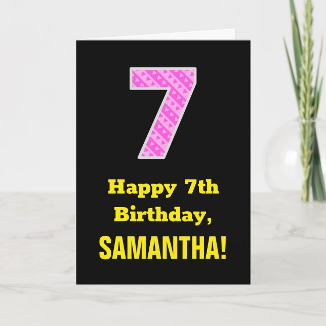 7:e födelsedag: Rosa Rand och Hearts 7 + Namn Kort (Framsida)