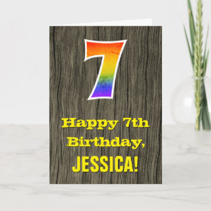 7:e födelsedag: Rustic Faux Wood look, Rainbow ’7’ Kort
