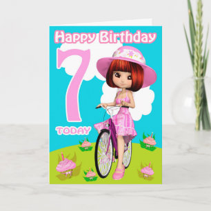 7:e födelsedag Söt Little Girl på en cykel Kort
