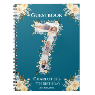7:e födelsedag Teal Photo Flower Gult Guest Bok Anteckningsbok