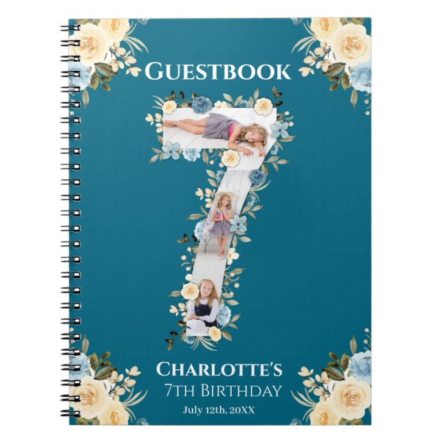 7:e födelsedag Teal Photo Flower Gult Guest Bok Anteckningsbok (Framsidan)