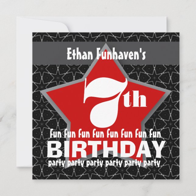 7:e Födelsedagsfest Black Red White STAR V07 Inbjudningar (Framsida)