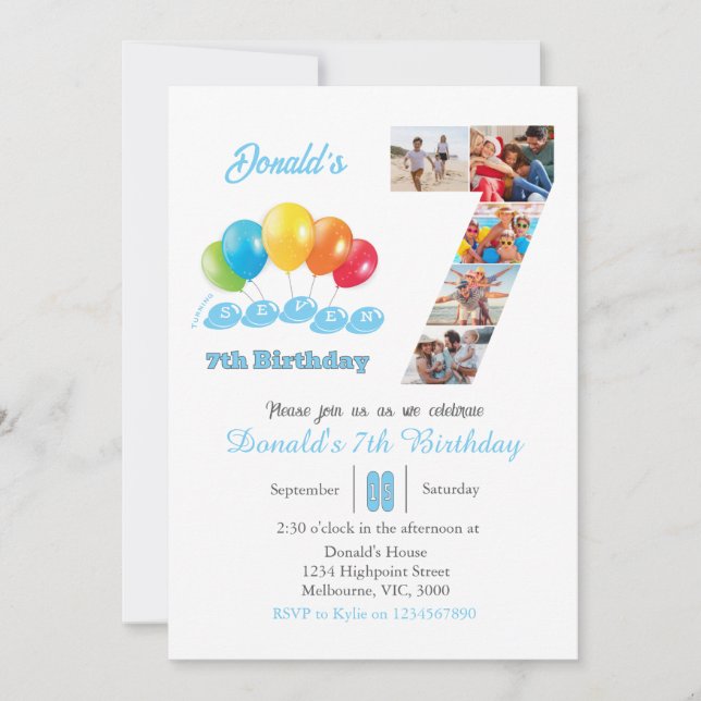 7:e födelsedagsfotokollage nummer 7 Boy Inbjudningar (Framsida)