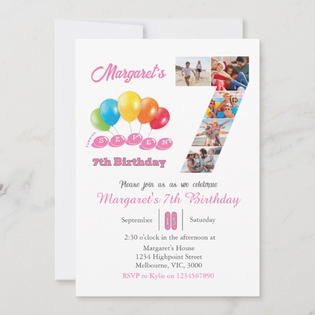 7:e födelsedagsfotokollage nummer 7 Girl Inbjudningar (Framsida)