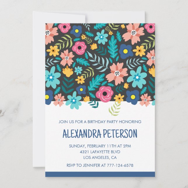 7:e-födelsedagsinbjudningar Blommönster Blue Inbjudningar (Framsida)