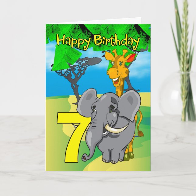 7:e-födelsedagskort - Elephant, Giraffe, Jungle 7: Kort (Framsida)