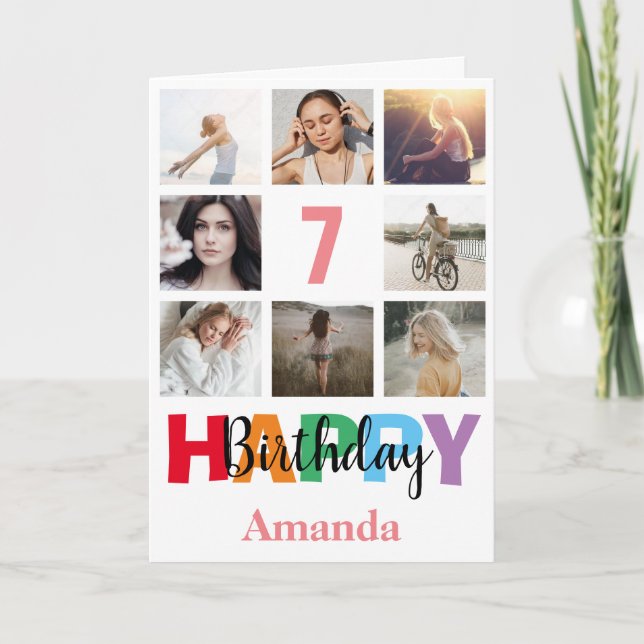 7:e Grattis på födelsedagen Photo Collage Modern R Kort (Framsida)