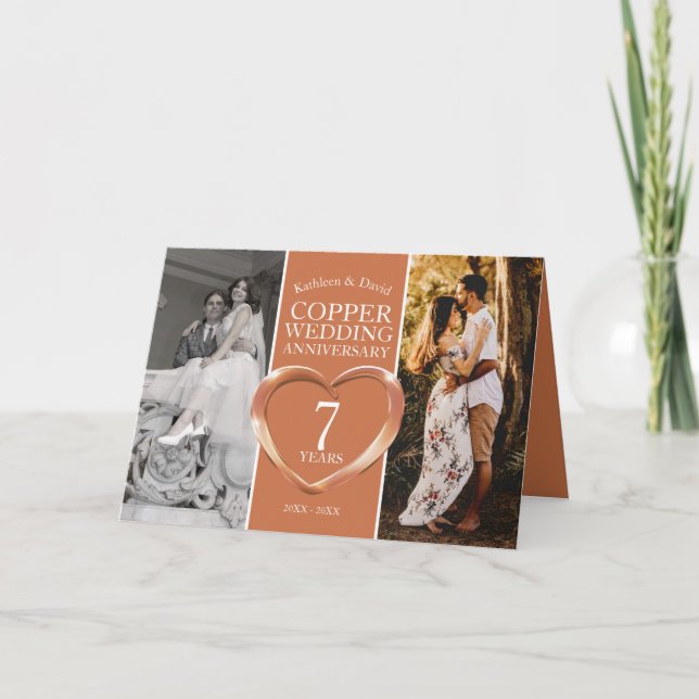 7:e koppar-bröllop-årsdagen nu och sedan foto kort (Framsida)