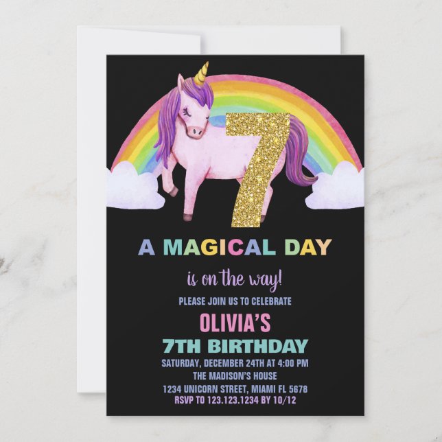 7:e Rainbow Unicorn Birthday Bjuder Glitter Inbjudningar (Framsida)
