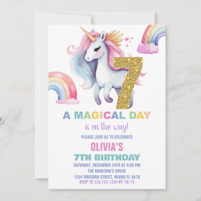 7:e Rainbow Unicorn Birthday Bjuder Glitter Inbjudningar (Framsida)