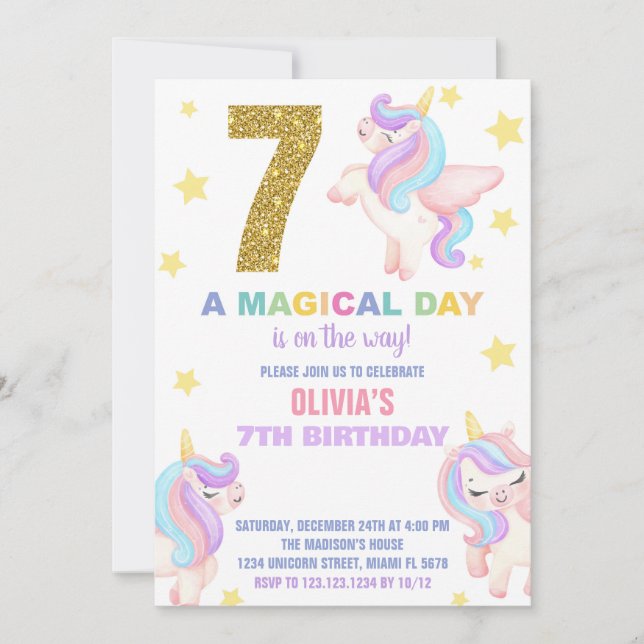 7:e Rainbow Unicorn Birthday-inbjudningar flygs Inbjudningar (Framsida)