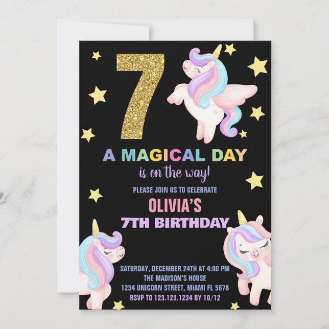 7:e Rainbow Unicorn Birthday-inbjudningar flygs Inbjudningar (Framsida)