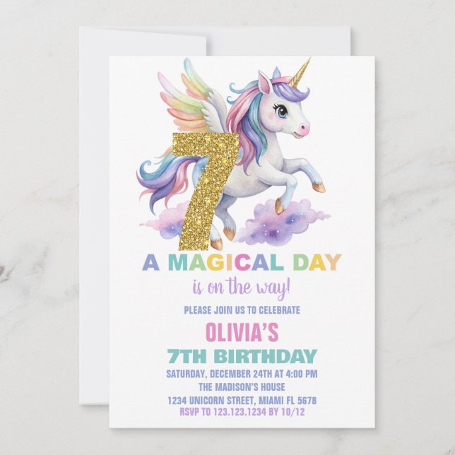 7:e Rainbow Unicorn Birthday-inbjudningar flygs Inbjudningar (Framsida)